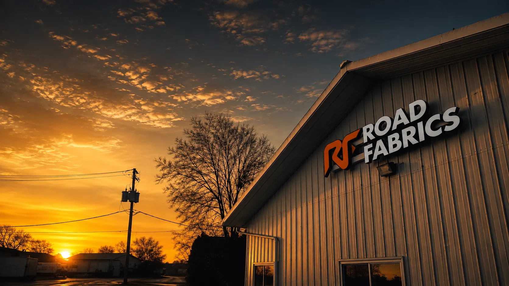 The Road Fabrics building and lit sign at sunset