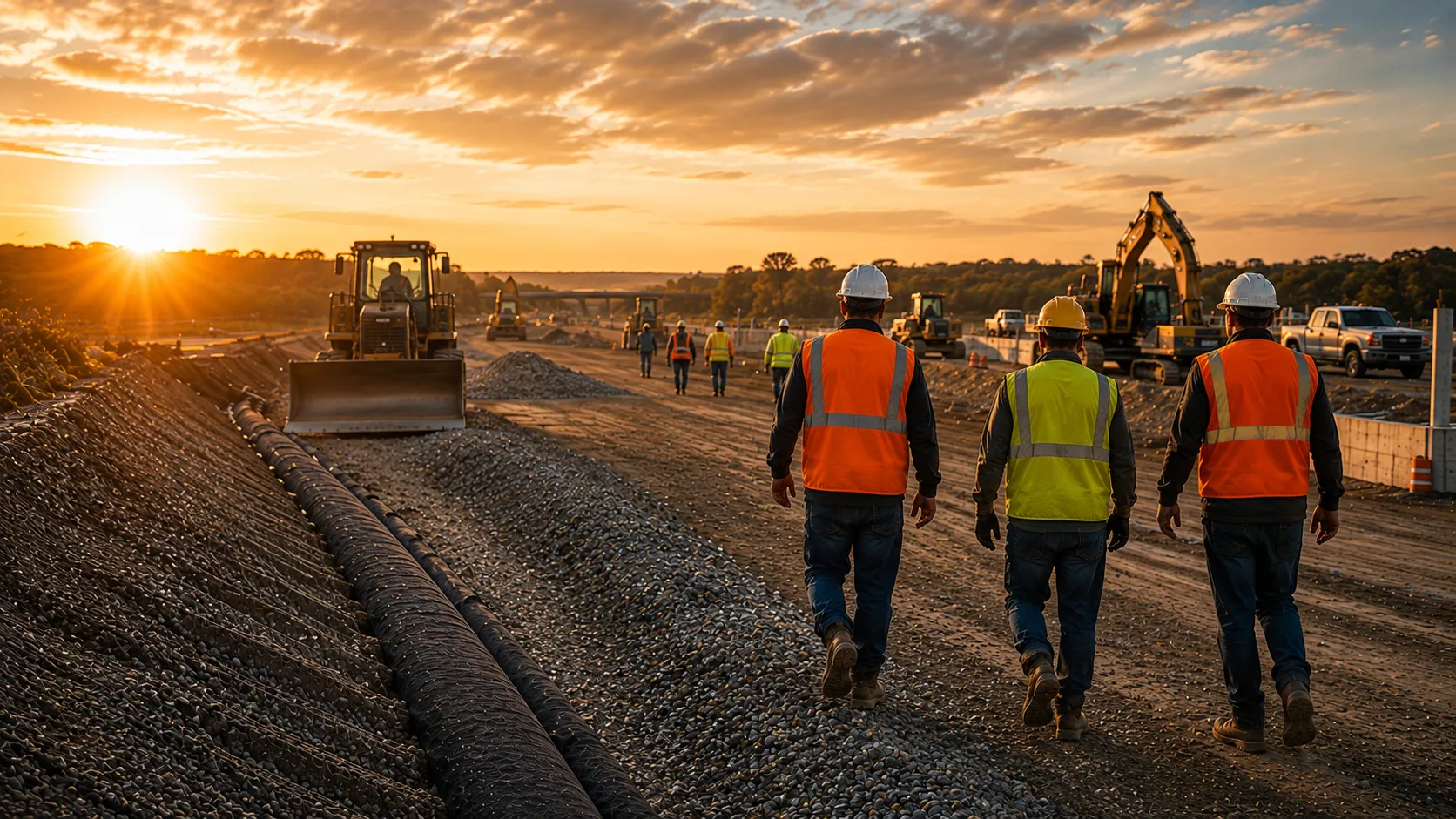 Crew members in safety vests walking a roadway jobsite at sunset