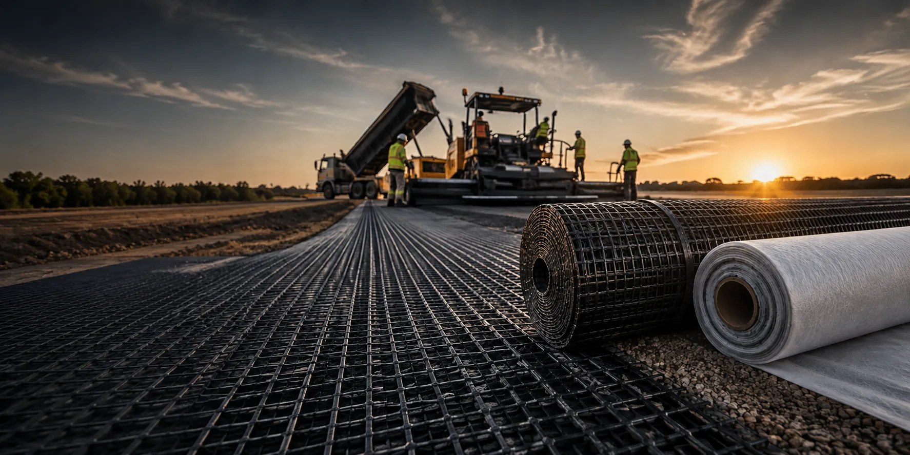Geogrid and geotextile rolls staged side by side on a jobsite