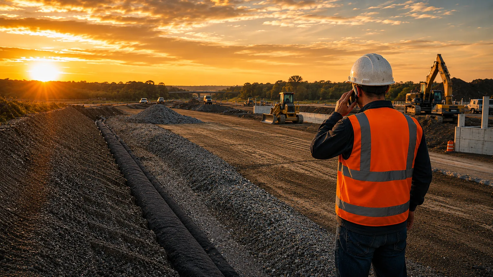 Road Fabrics team member on a phone call at a jobsite at sunset