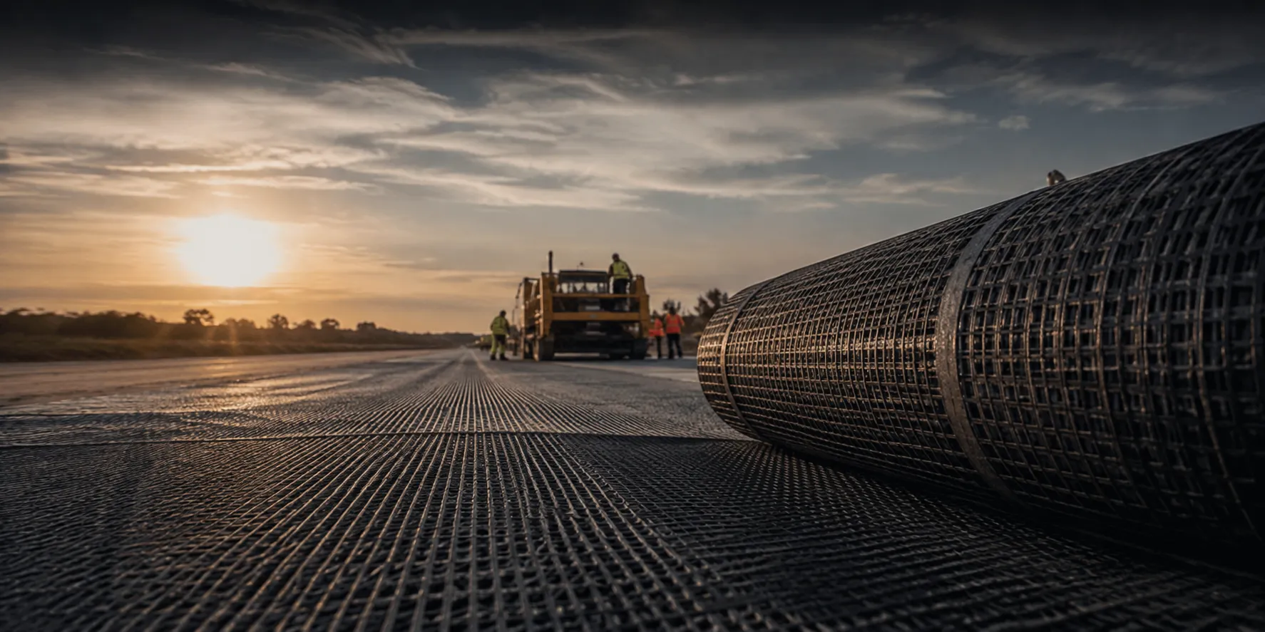 Geogrid roll staged on a roadway jobsite at sunset