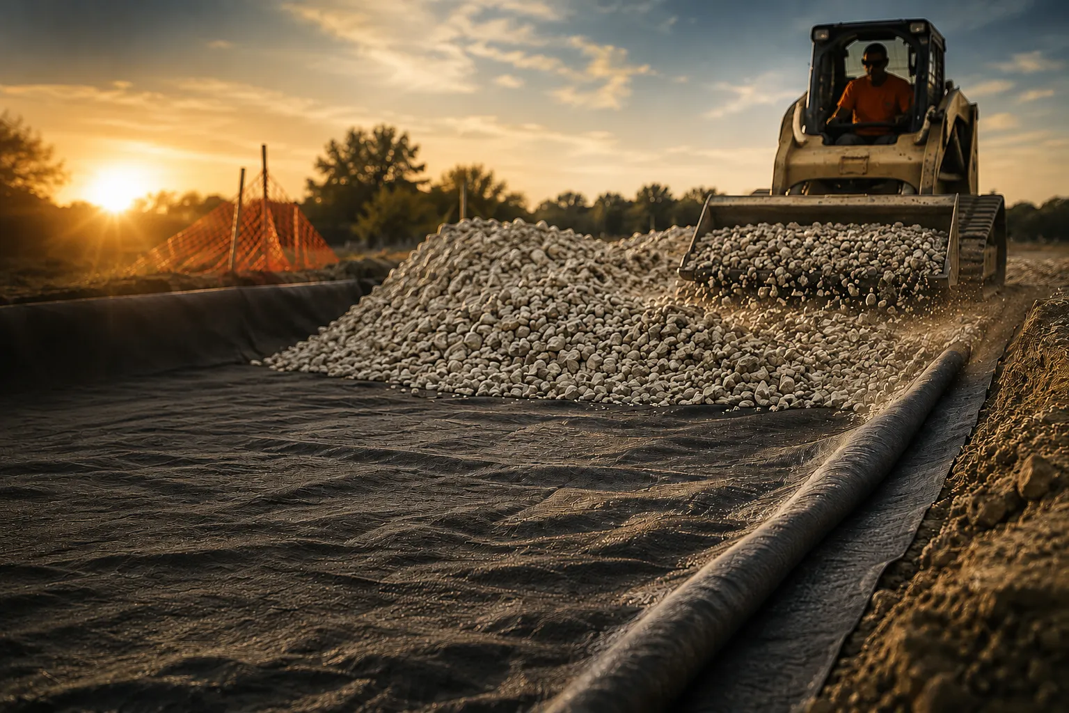 Skid steer spreading aggregate over a non-woven geotextile separation fabric at sunset