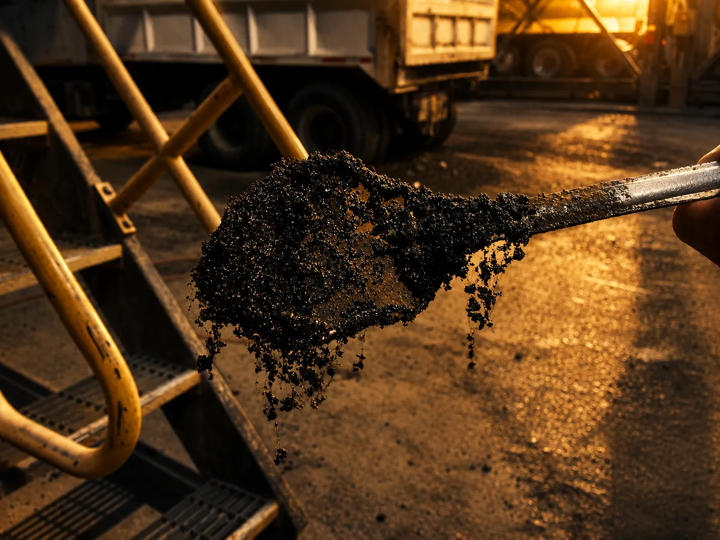 Shovel of hot mix asphalt with FORTA-FI fibers stringing through it at a plant