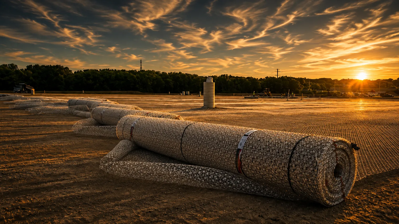 Rolls of Tensar InterAx geogrid staged on a prepared subgrade at sunset