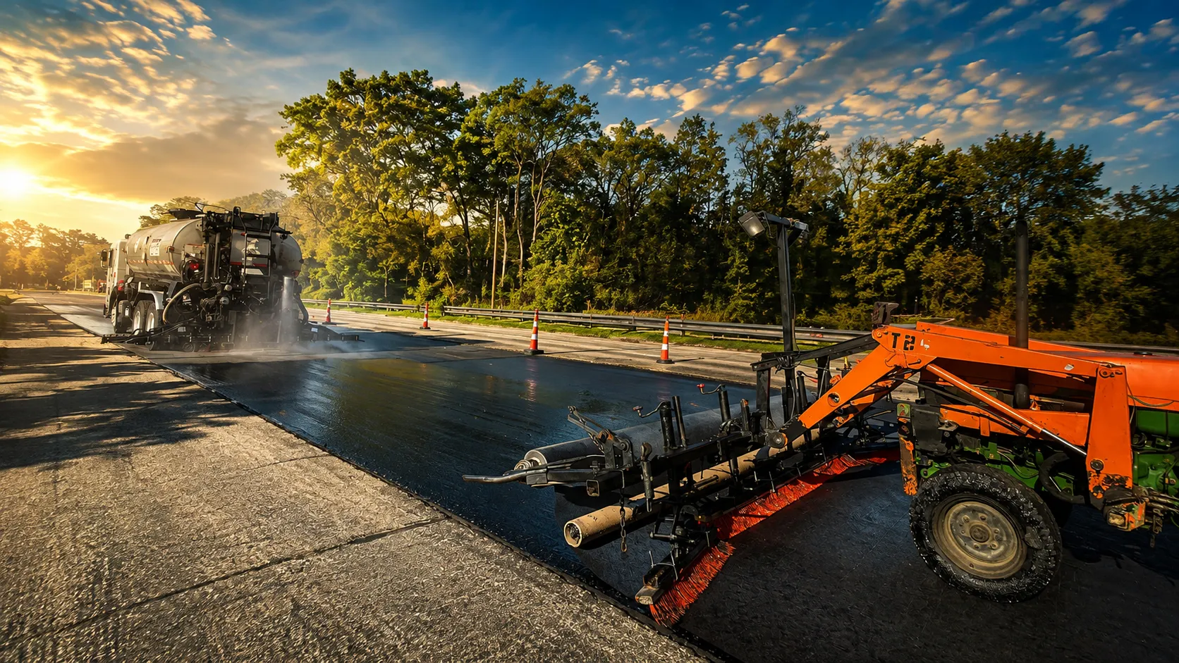 Distributor truck spraying tack coat ahead of a paving fabric installation at sunrise
