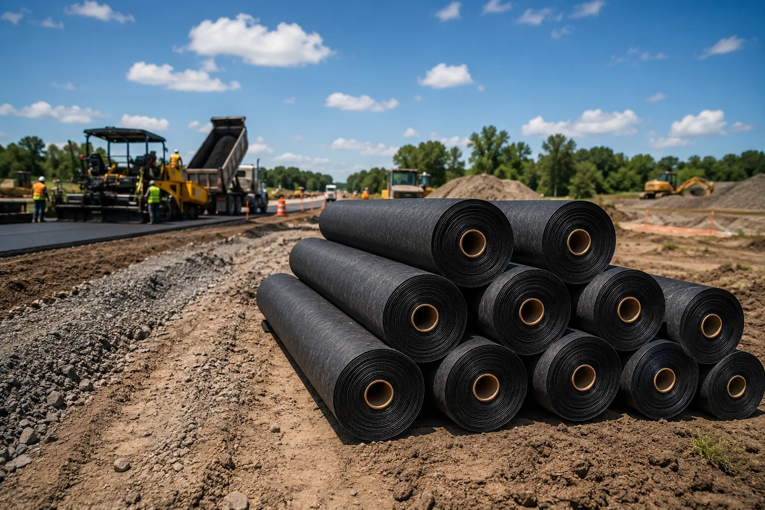 Rolls of Road Fabrics paving fabric staged on a jobsite