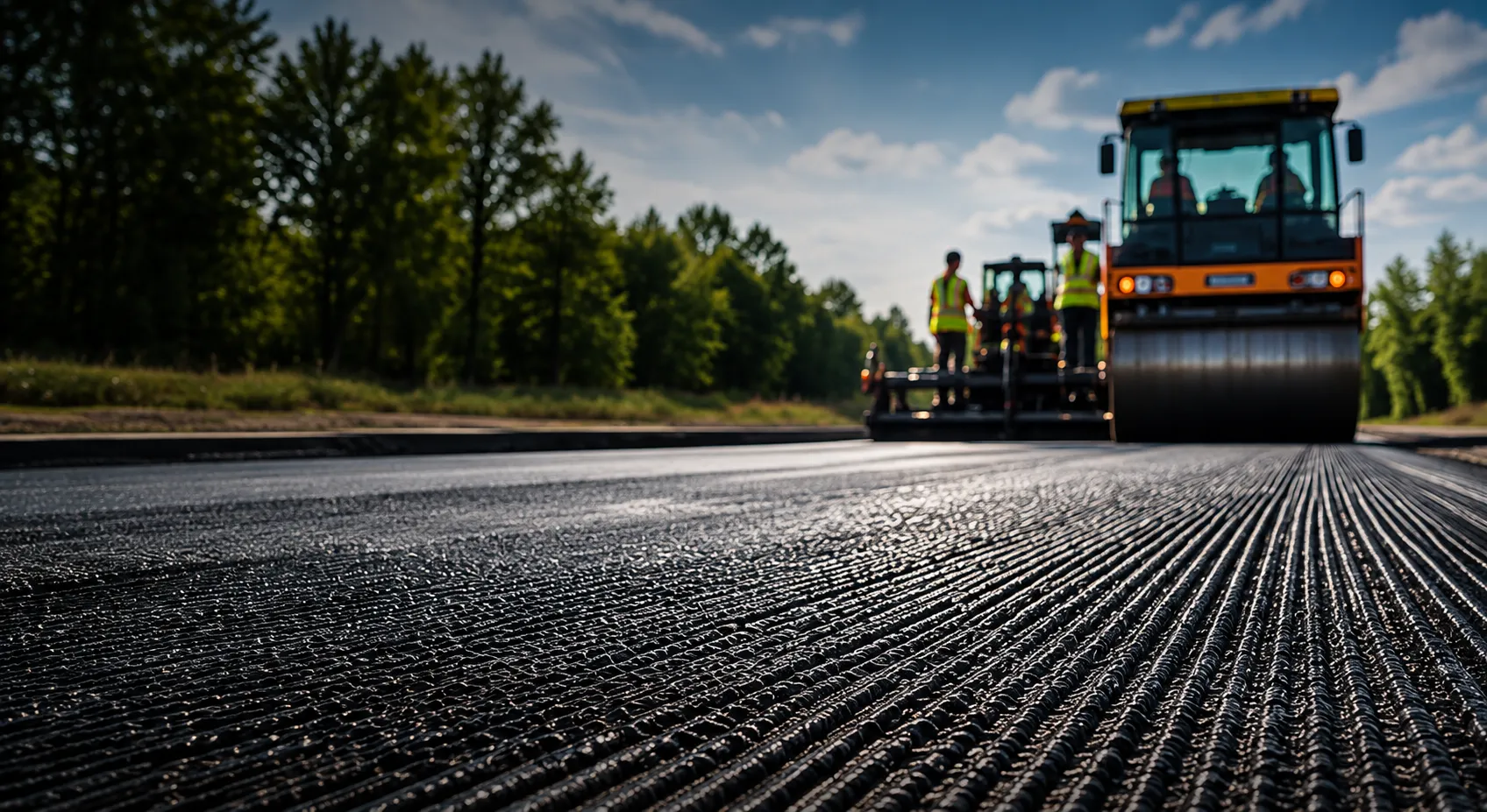 Asphalt paver placing new pavement over an engineered interlayer