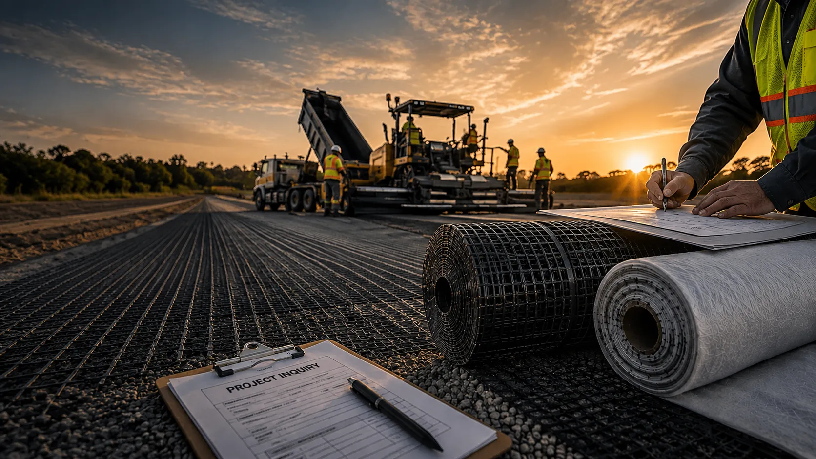 Project inquiry form on a clipboard at a paving jobsite