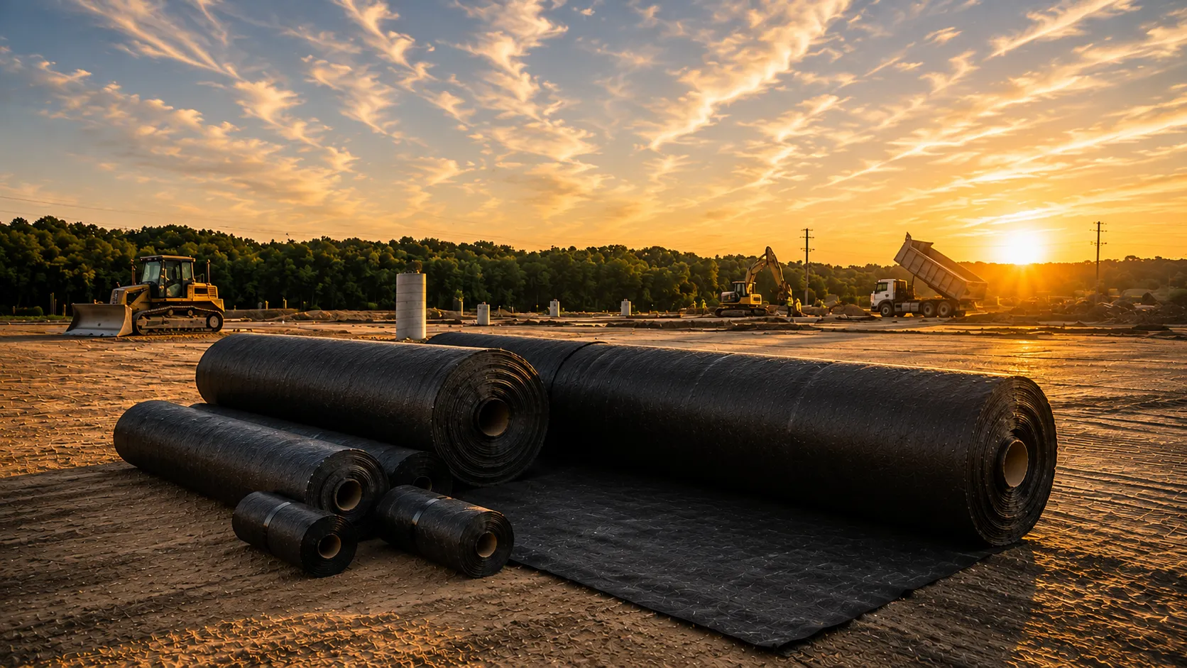 Rolls of geotextile in several widths staged on a graded jobsite at sunset, one partly unrolled