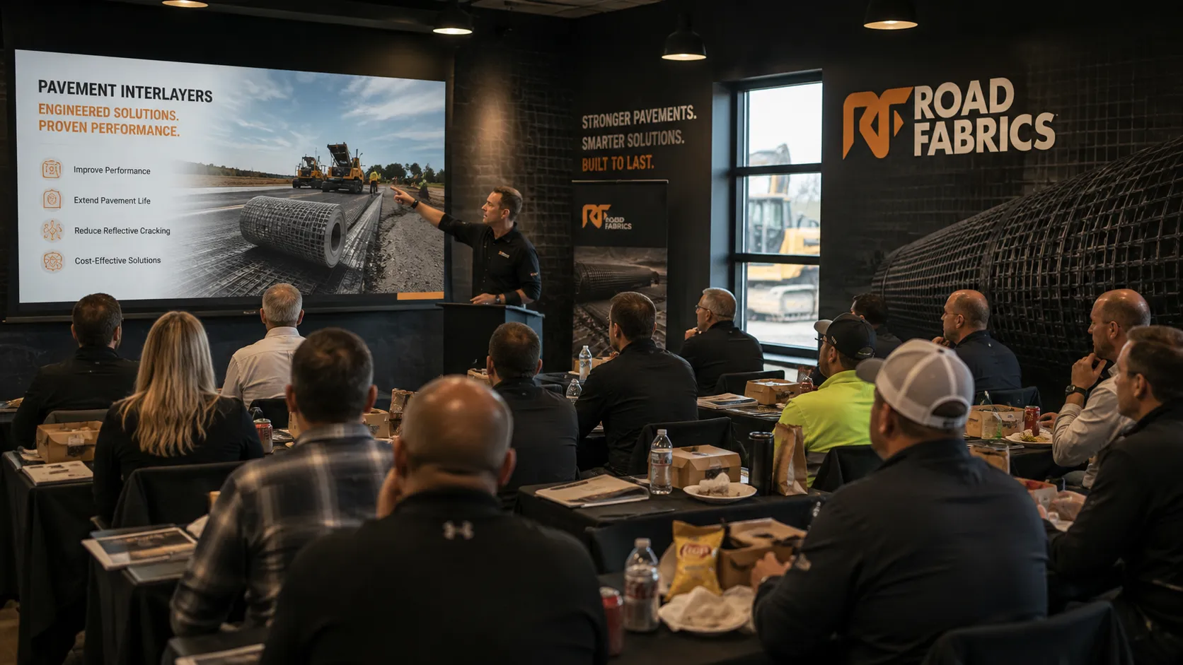 Road Fabrics lunchtime seminar with a presenter walking contractors through a pavement interlayers deck