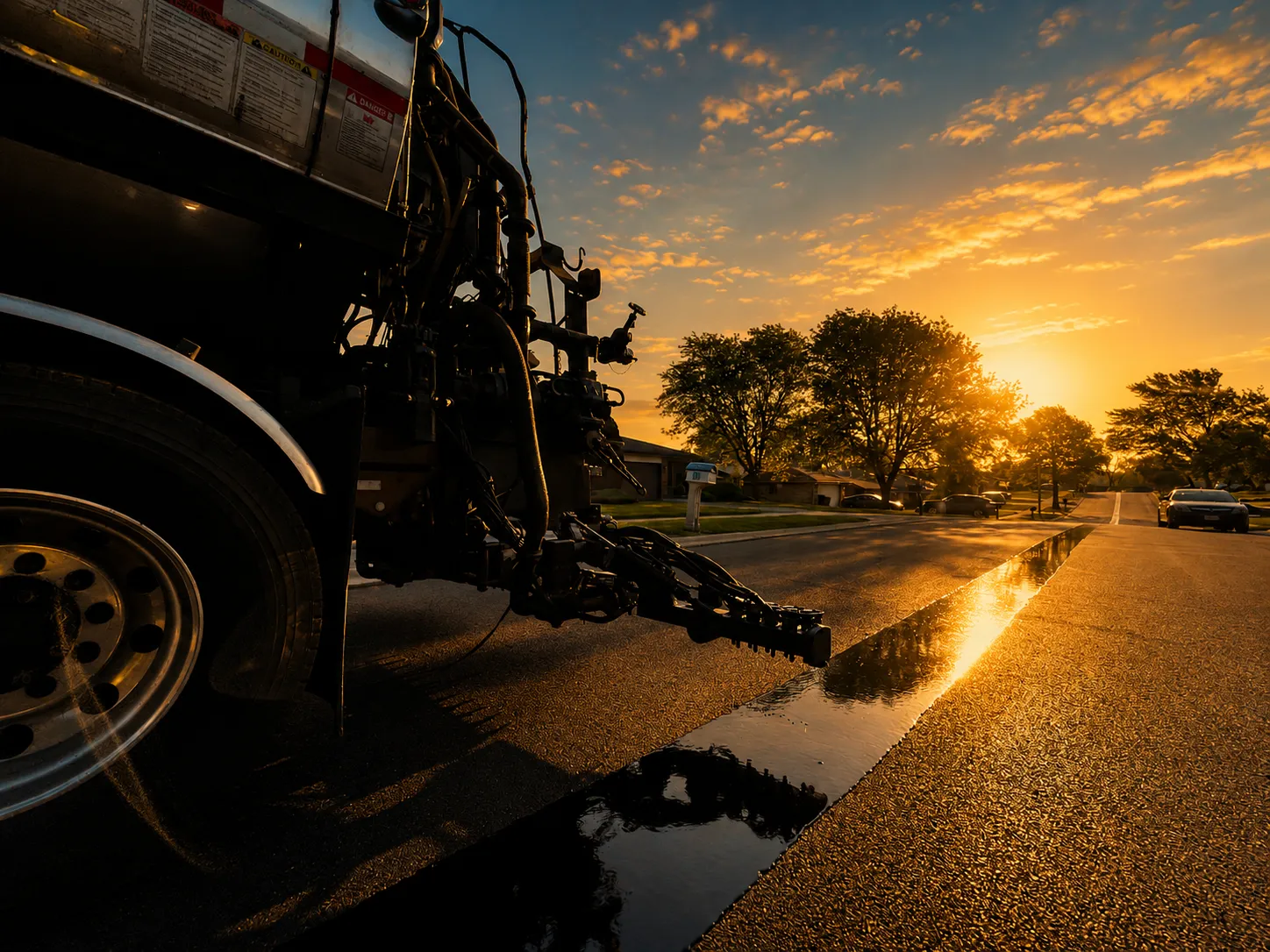 Spray bar applying a J-Band VRAM band along a longitudinal pavement joint at sunset