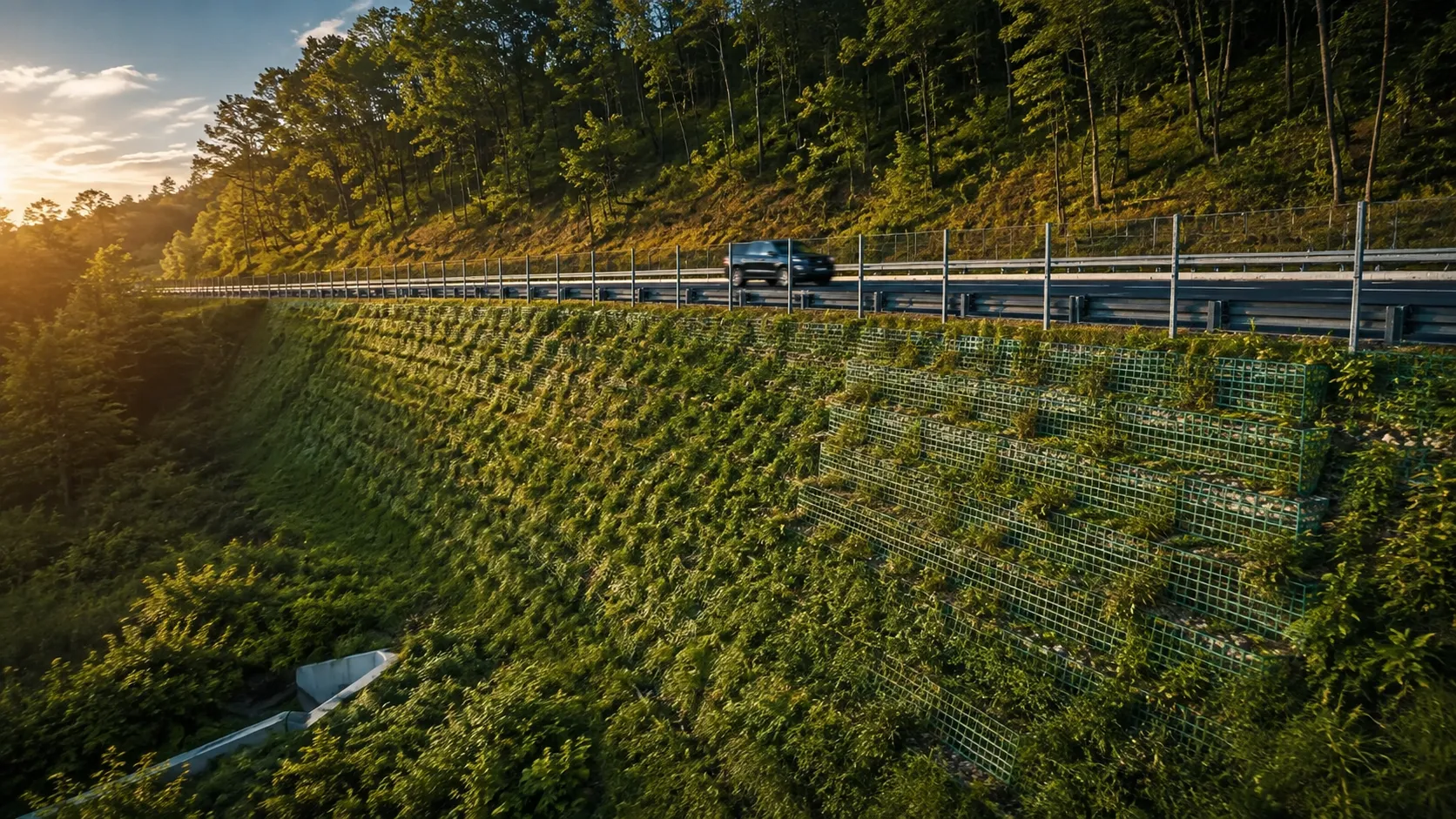 Vegetated geogrid-reinforced slope supporting a highway above