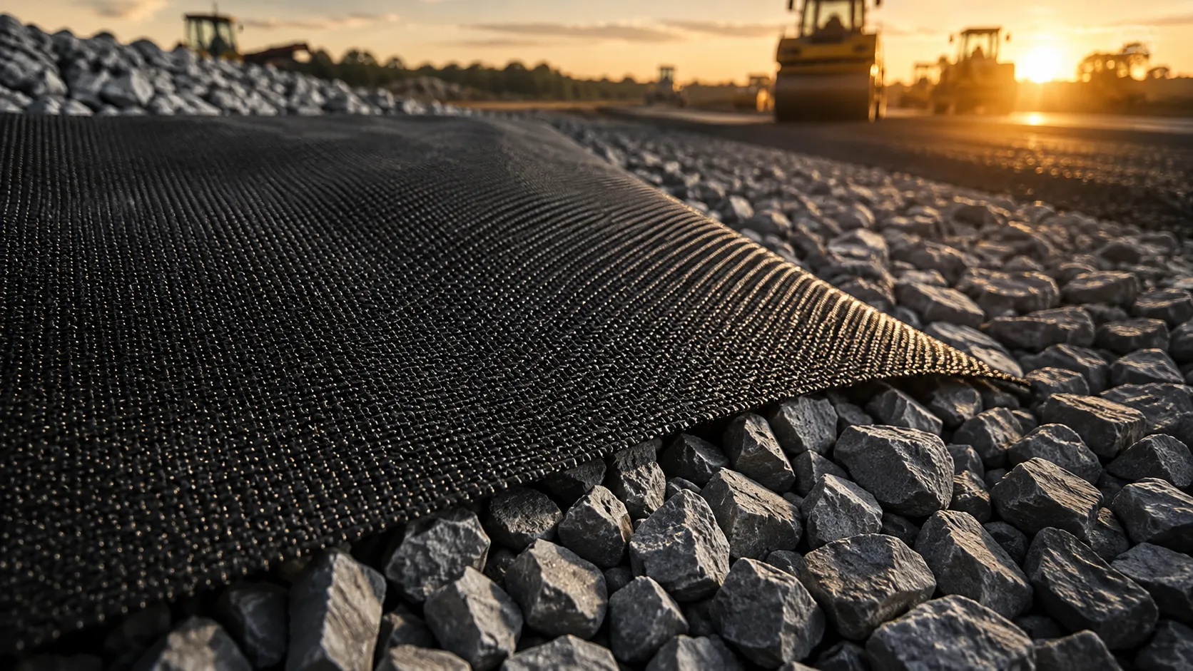 Close-up of high strength woven geotextile laid over crushed aggregate with rollers in the background